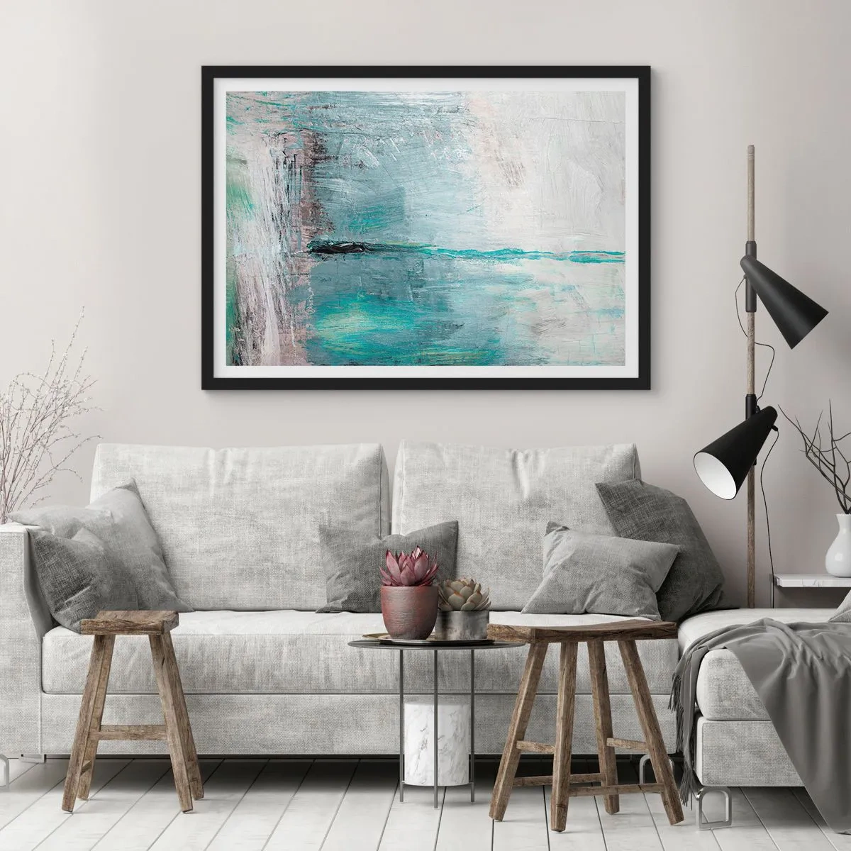 Affiche dans un cadre noir - Poster - Abstraction dans les tons turquoise et gris - 70x50cm - Horizontalement en bleu - Décoration murale moderne pour le salon et la chambre ARTTOR