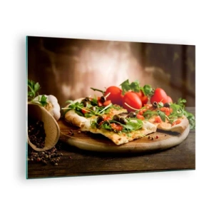 Impression sur verre - Image sur verre - Pizza sur une planche de bois avec roquette et tomates - 70x50cm - Directement du four et du jardin - Décoration murale moderne pour le salon et la chambre ARTTOR