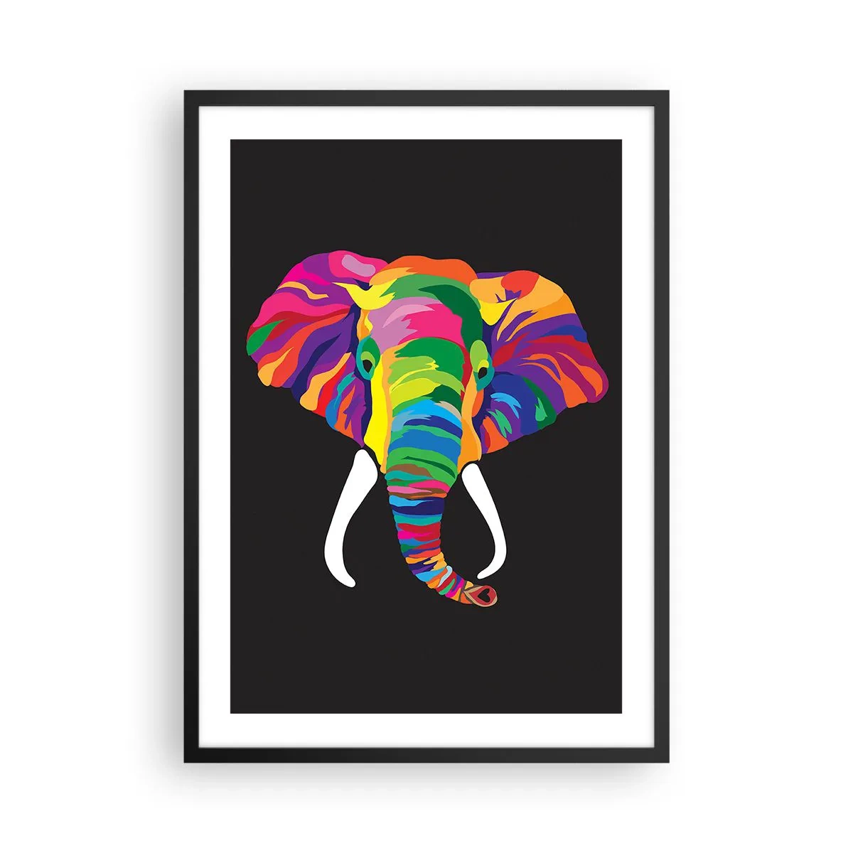 Affiche dans un cadre noir - Poster - Une image colorée d'un éléphant sur fond noir - 50x70cm - L'éléphant qui aimait se baigner dans un arc-en-ciel - Décoration murale moderne pour le salon et la chambre ARTTOR