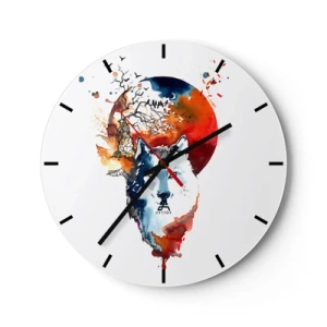 Horloge murale - Pendule murale - Aquarelle représentant un loup avec un soleil couchant en arrière-plan - 30x30cm - Nez à nez avec la nuit - Décoration murale moderne pour le salon, la cuisine et la chambre ARTTOR