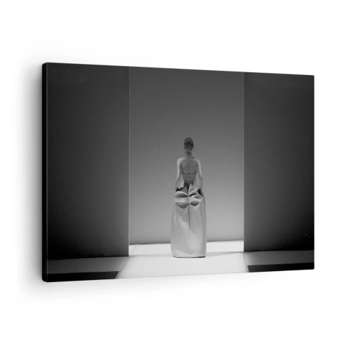 Impression sur toile - Image sur toile - Une peinture en noir et blanc avec une scène minimaliste d'une femme dans un espace géométrique. - 70x50cm - Simplicité raffinée - Décoration murale moderne pour le salon et la chambre ARTTOR