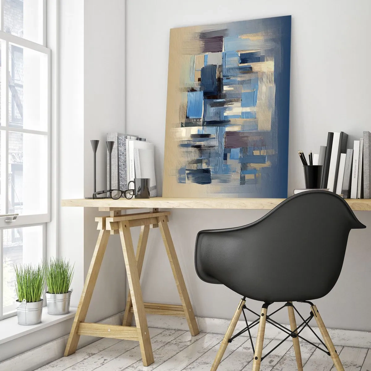 Impression sur verre - Image sur verre - Coups de pinceau géométriques dans les tons de bleu et de beige - 50x70cm - Construction bleue - Décoration murale moderne pour le salon et la chambre ARTTOR