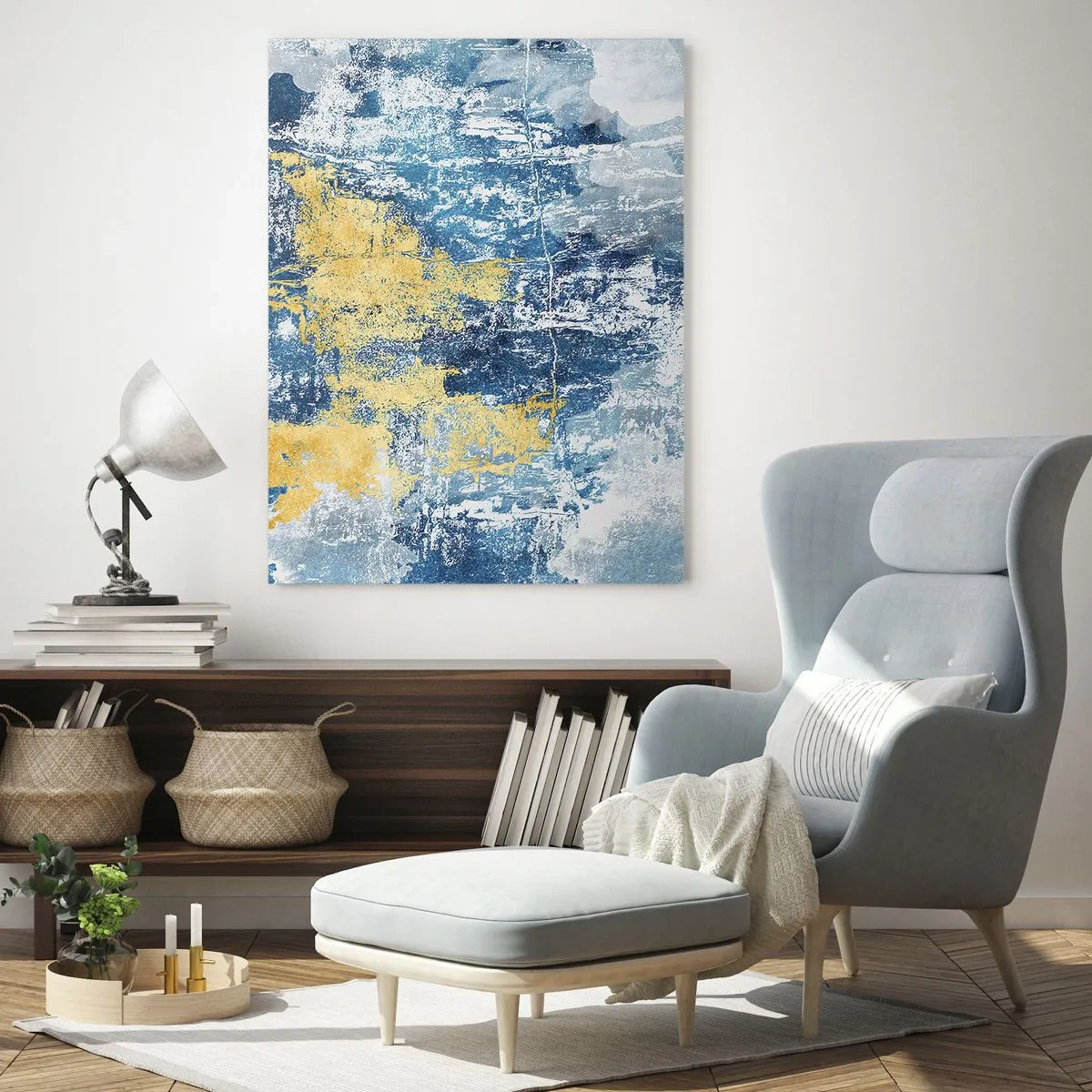 Impression sur verre - Image sur verre - Abstraction dans les tons de bleu et de jaune - 70x100cm - Abstraction du temps - Décoration murale moderne pour le salon et la chambre ARTTOR