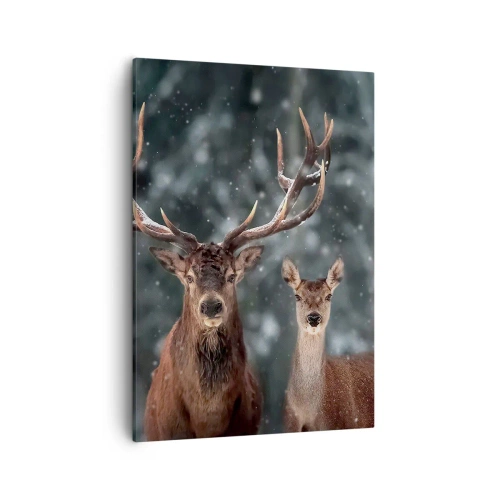 Impression sur toile - Image sur toile - Cerf dans une forêt d'hiver enneigée - 50x70cm - Le roi de la forêt avec sa femme - Décoration murale moderne pour le salon et la chambre ARTTOR