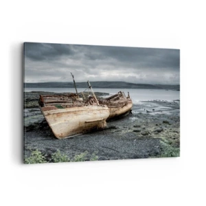 Impression sur toile - Image sur toile - Bateaux abandonnés sur le rivage dans une scène pluvieuse - 100x70cm - "En signe d'épreuves difficile" - Décoration murale moderne pour le salon et la chambre ARTTOR