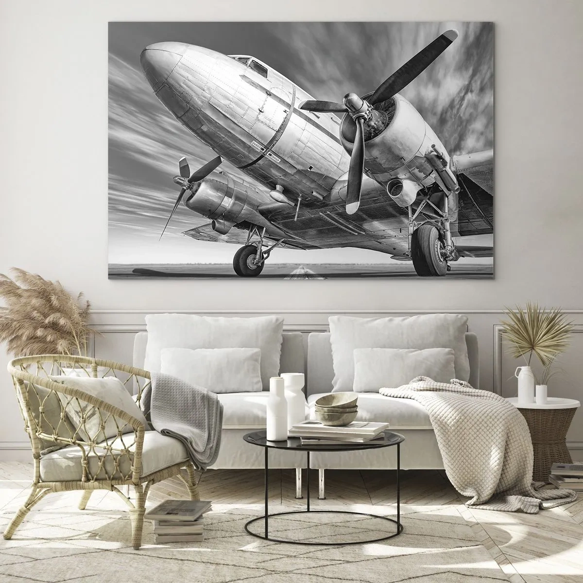 Impression sur verre - Image sur verre - Un avion à hélice noir et blanc sur la piste - 70x50cm - Toujours prêt à voler - Décoration murale moderne pour le salon et la chambre ARTTOR