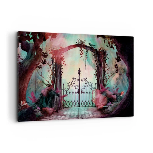 Impression sur toile - Image sur toile - Une entrée magique avec un portail en fer forgé entouré d'une végétation mystérieuse - 120x80cm - Jardin secret - Décoration murale moderne pour le salon et la chambre ARTTOR