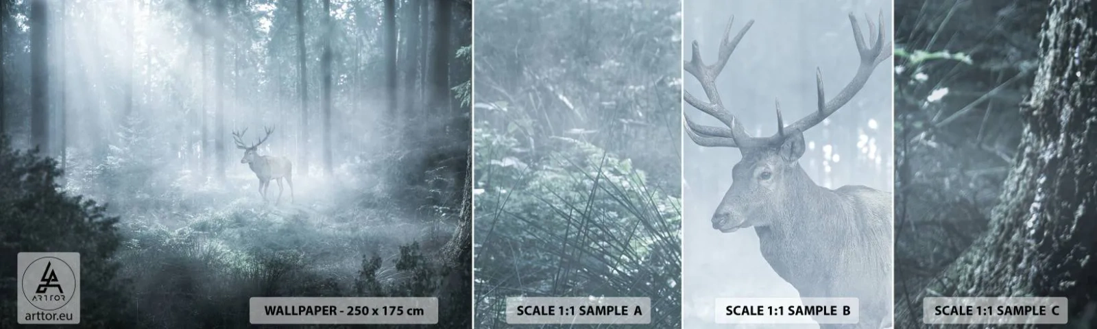 Échantillon de Papier Peint Autocollant Deluxe Sticker - Visite matinale du domaine - Paysage, Forêt, Cerf - 100x30 cm