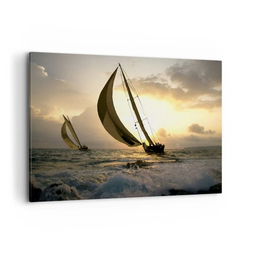 Impression sur toile - Image sur toile - Voiliers en mer au coucher du soleil - 100x70cm - Avec le vent et contre le vent - Décoration murale moderne pour le salon et la chambre ARTTOR