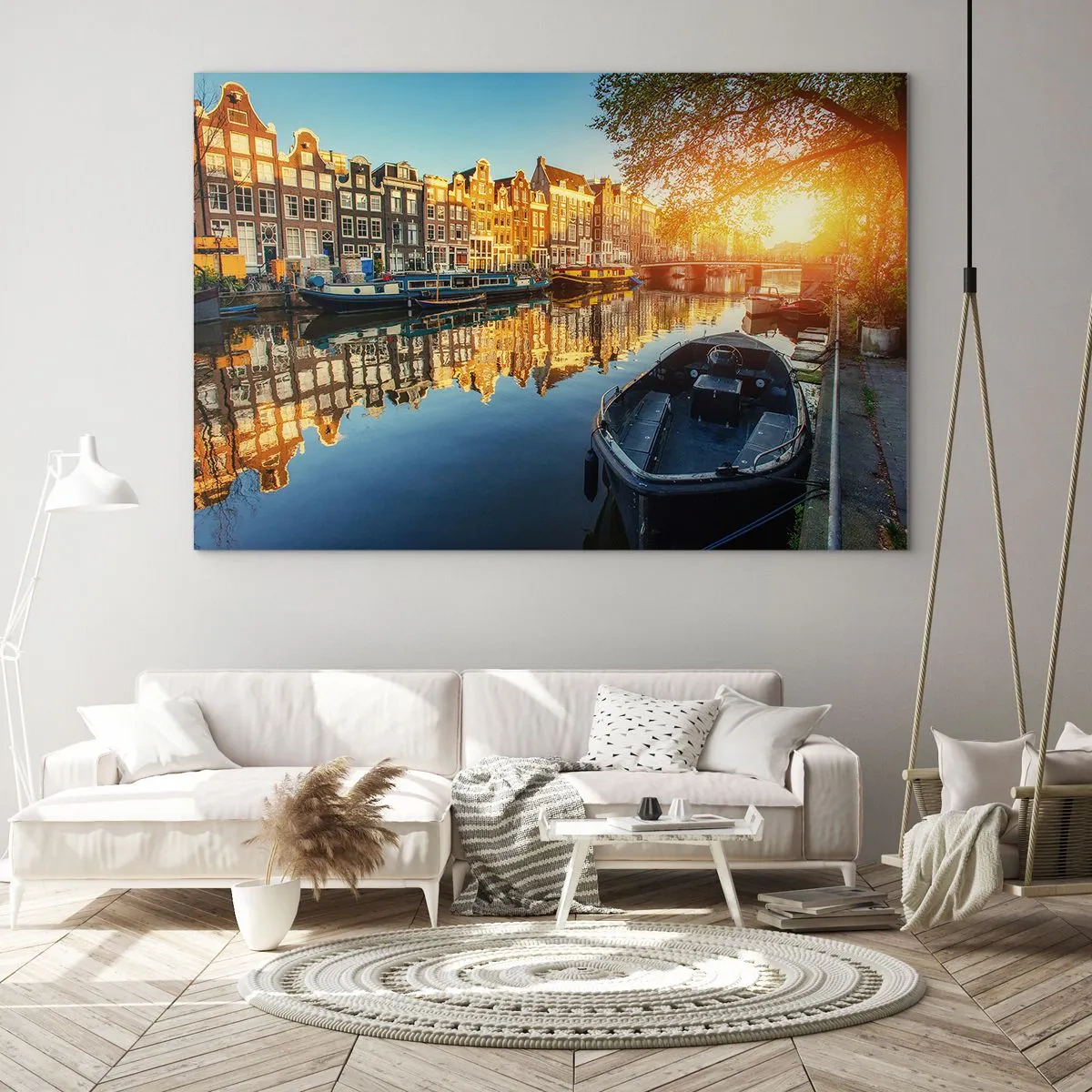 Impression sur verre - Image sur verre - Canal d'Amsterdam au coucher du soleil - 70x50cm - Début de journée à Amsterdam - Décoration murale moderne pour le salon et la chambre ARTTOR