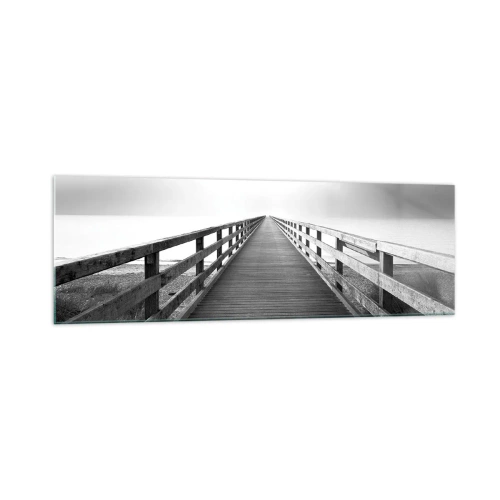 Impression sur verre - Image sur verre - Une image en noir et blanc d'une jetée en bois menant vers l'horizon. - 160x50cm - A perte de vue... - Décoration murale moderne pour le salon et la chambre ARTTOR