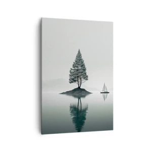 Impression sur toile - Image sur toile - Un paysage minimaliste avec un arbre sur une île et un voilier. - 70x100cm - Un rêve somnolent - Décoration murale moderne pour le salon et la chambre ARTTOR