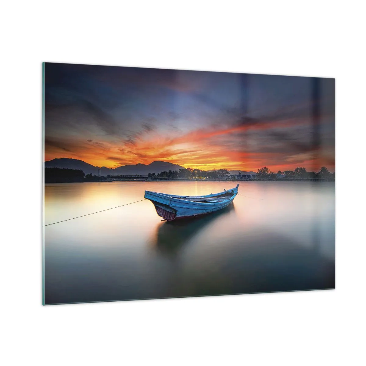 Impression sur verre - Image sur verre - Bateau en bois sur le lac au coucher du soleil - 100x70cm - Une bonne nuit arrive - Décoration murale moderne pour le salon et la chambre ARTTOR