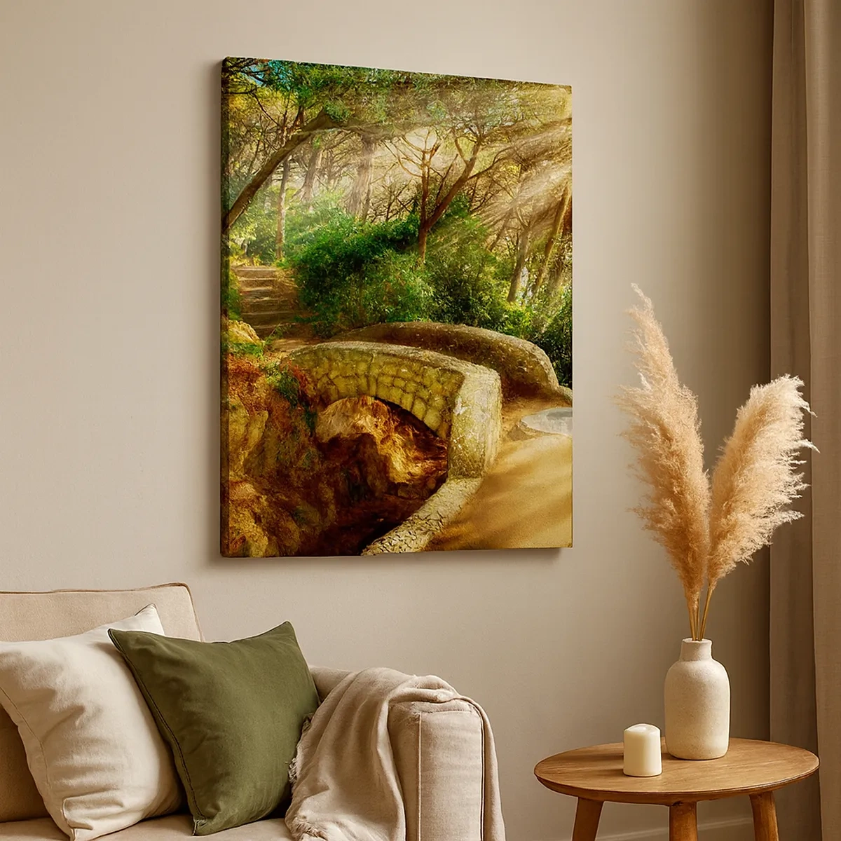 Impression sur toile - Image sur toile - Paysage forestier avec des rayons de soleil et un pont de pierre - 50x70cm - Directement du pont dans une forêt de conte de fées - Décoration murale moderne pour le salon et la chambre ARTTOR