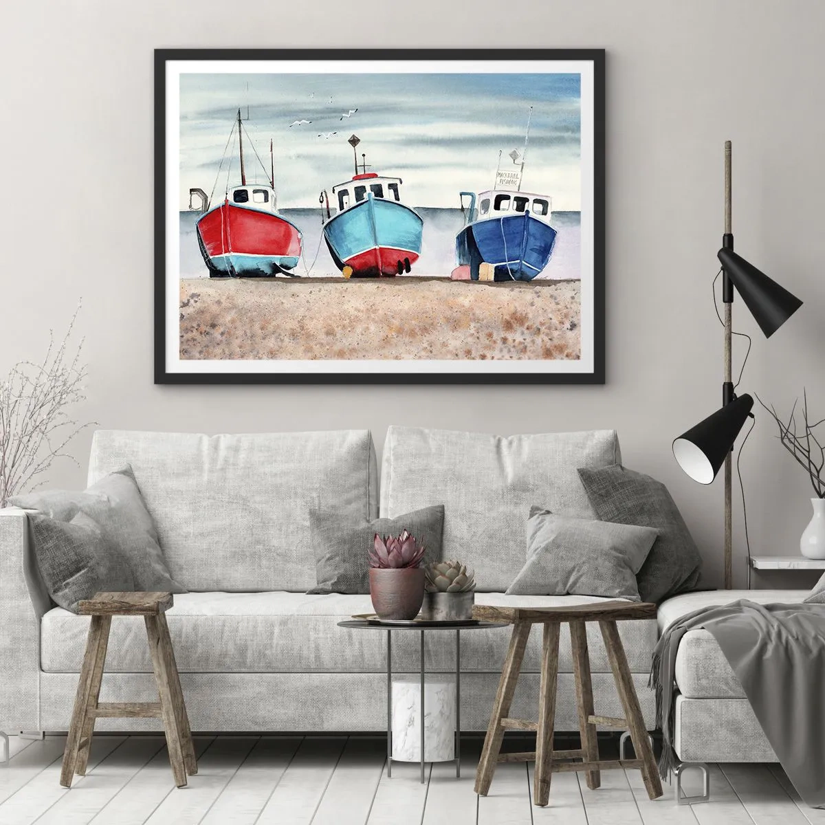 Affiche dans un cadre noir - Poster - Bateaux de pêche colorés sur le rivage dans un paysage marin - 100x70cm - Prêt pour la pêche - Décoration murale moderne pour le salon et la chambre ARTTOR