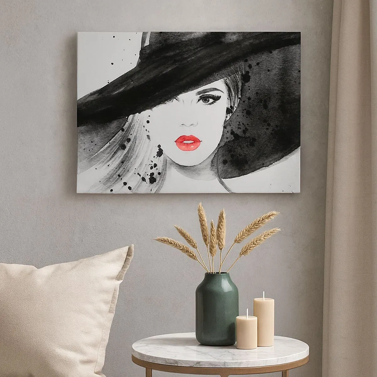 Impression sur toile - Image sur toile - Portrait d'une femme au chapeau et aux lèvres rouges - 70x50cm - Dame en noir - Décoration murale moderne pour le salon et la chambre ARTTOR