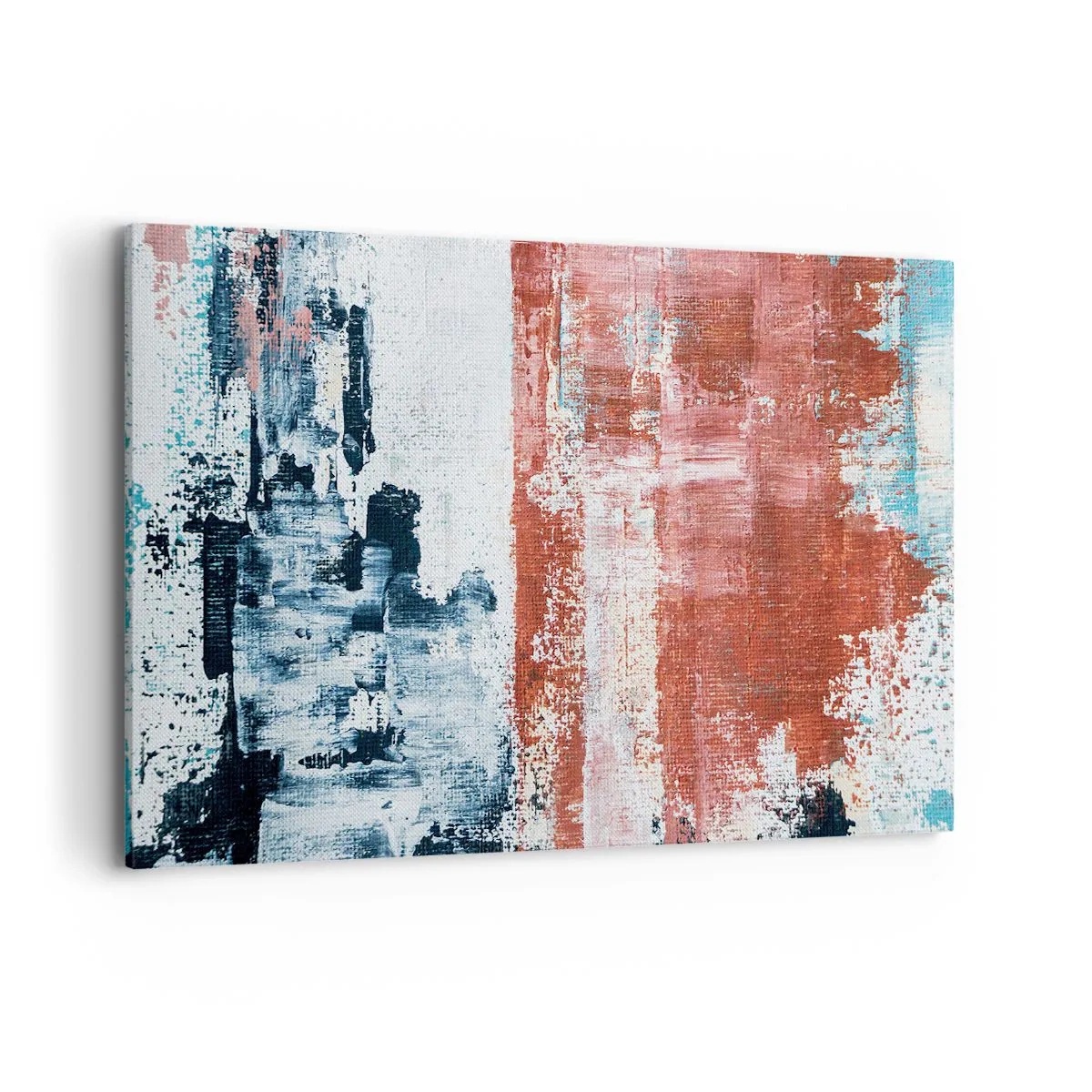 Impression sur toile - Image sur toile - Abstraction aux couleurs blanc, bleu et brique - 120x80cm - Moitié-moitié abstrait - Décoration murale moderne pour le salon et la chambre ARTTOR