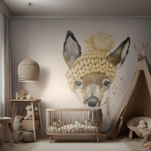 Papier Peint Photo Premium Sand - Illustration à l'aquarelle d'un chevreuil portant un chapeau d'hiver - 100x70cm - Pour l'hiver dans la forêt enneigée - Décoration murale moderne pour le salon et la chambre ARTTOR