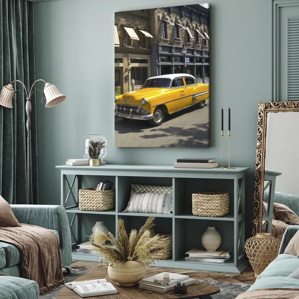 Impression sur toile - Image sur toile - Un taxi jaune dans une rue bordée d'immeubles - 50x70cm - Il y a longtemps en Amérique - Décoration murale moderne pour le salon et la chambre ARTTOR