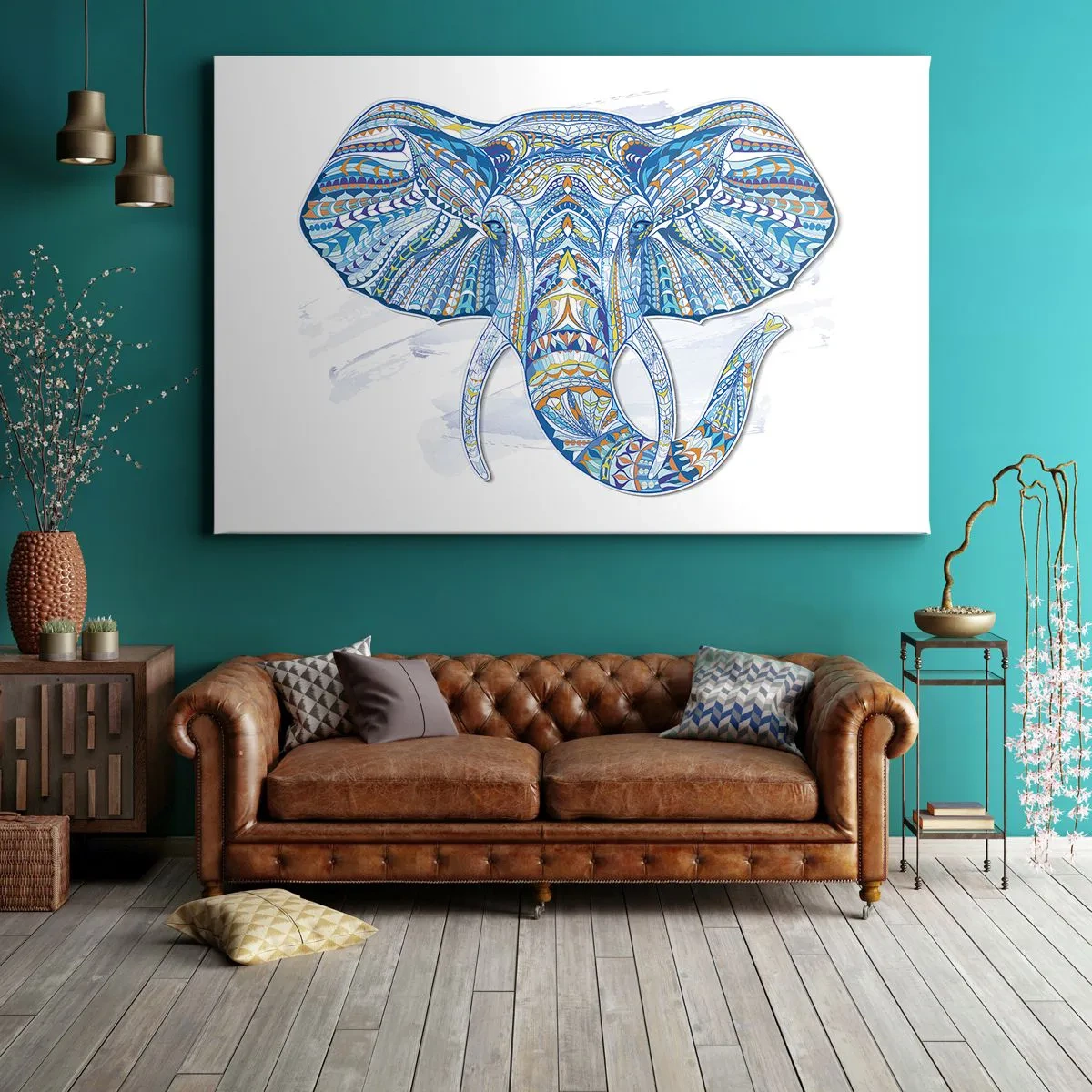 Impression sur toile - Image sur toile - Éléphant géométrique dans les tons bleu et or - 120x80cm - Incrusté d'or et de bleu ciel - Décoration murale moderne pour le salon et la chambre ARTTOR
