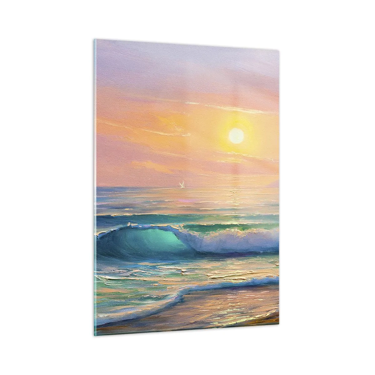 Impression sur verre - Image sur verre - Paysage marin avec des vagues et un coucher de soleil dans des tons turquoise - 50x70cm - Le chant turquoise des vagues - Décoration murale moderne pour le salon et la chambre ARTTOR
