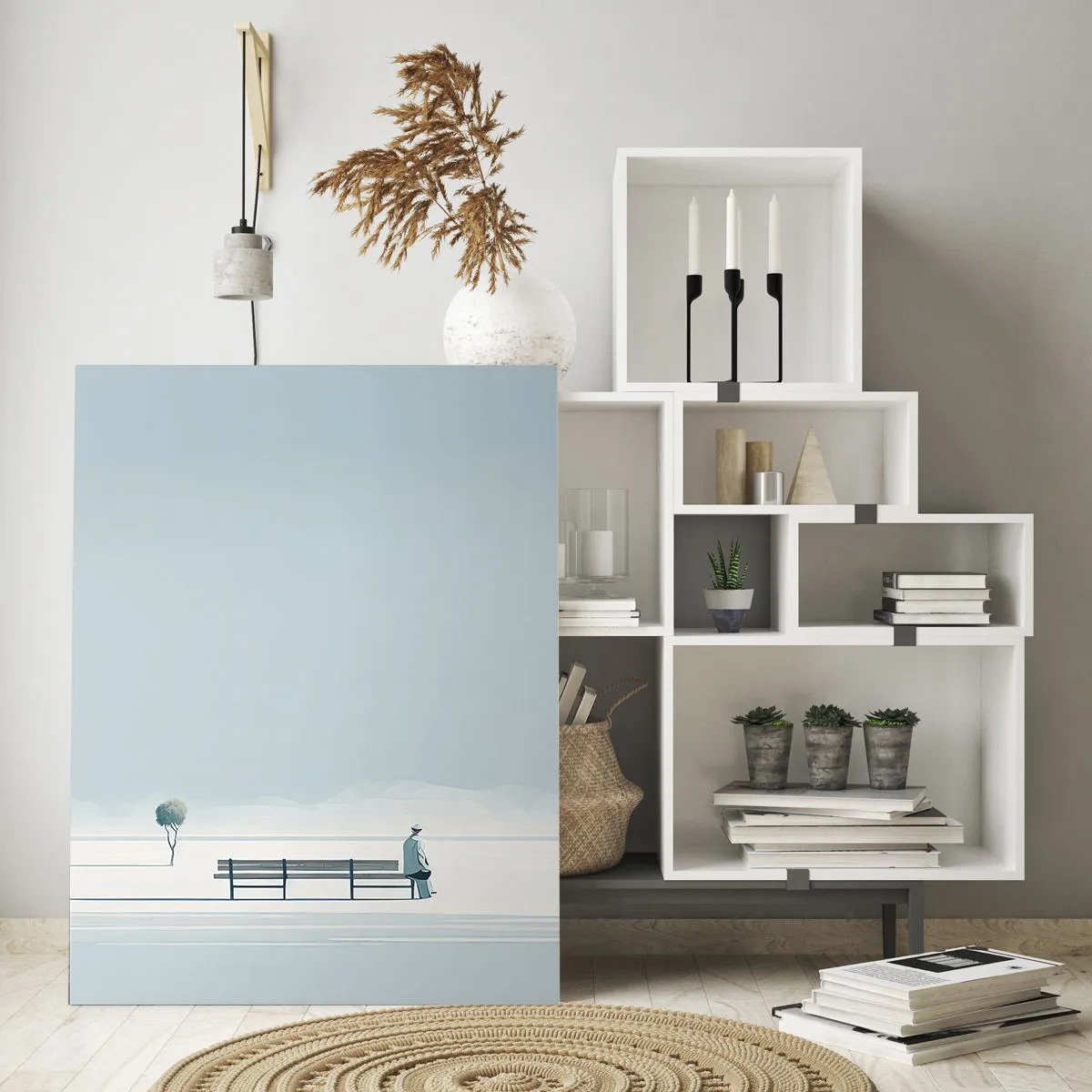 Impression sur verre - Image sur verre - Une personne assise sur un banc dans un paysage minimaliste - 70x100cm - Oui, j'attends. - Décoration murale moderne pour le salon et la chambre ARTTOR