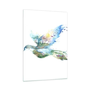 Impression sur verre - Image sur verre - Composition à l'aquarelle d'un oiseau avec des éléments de la nature - 80x120cm - Sur les ailes de la nature - Décoration murale moderne pour le salon et la chambre ARTTOR