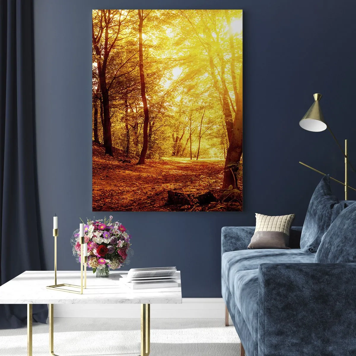 Impression sur verre - Image sur verre - Forêt d'automne illuminée par la chaude lueur du soleil - 50x70cm - Vers la clairière dorée - Décoration murale moderne pour le salon et la chambre ARTTOR