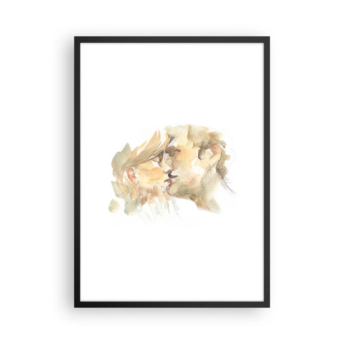 Affiche dans un cadre noir - Poster - Un délicat portrait à l'aquarelle d'un couple dans un tendre baiser. - 50x70cm - A moitié trouvé ? - Décoration murale moderne pour le salon et la chambre ARTTOR