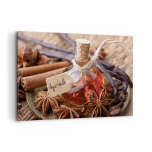 Impression sur toile - Image sur toile - Une bouteille d'huile d'épices sur un plateau - 120x80cm - Vers l'unité du corps et de l'esprit - Décoration murale moderne pour le salon et la chambre ARTTOR