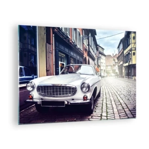 Impression sur verre - Image sur verre - Une voiture classique blanche sur fond de bâtiments historiques - 70x50cm - Le passé est aujourd'hui - Décoration murale moderne pour le salon et la chambre ARTTOR