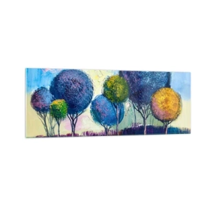 Impression sur verre - Image sur verre - Arbres colorés en forme de boule sur fond de paysage - 140x50cm - Sphère - la forme idéale - Décoration murale moderne pour le salon et la chambre ARTTOR