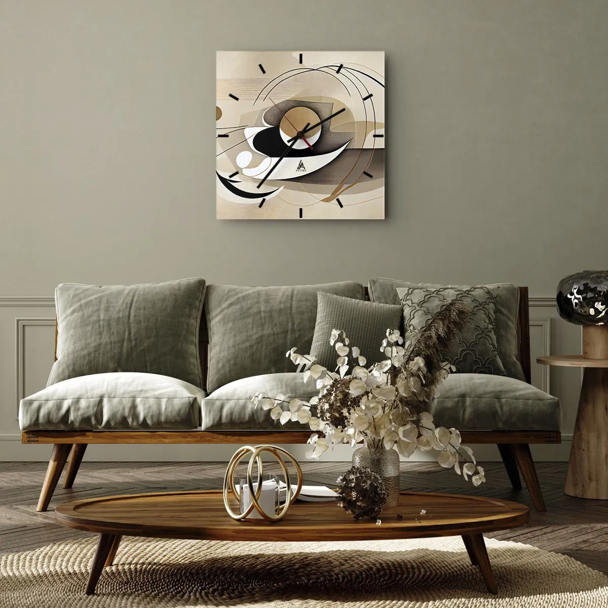 Horloge murale - Pendule murale - Composition abstraite dans les tons beige et noir - 30x30cm - Composition : l'essence des choses - Décoration murale moderne pour le salon et la chambre ARTTOR