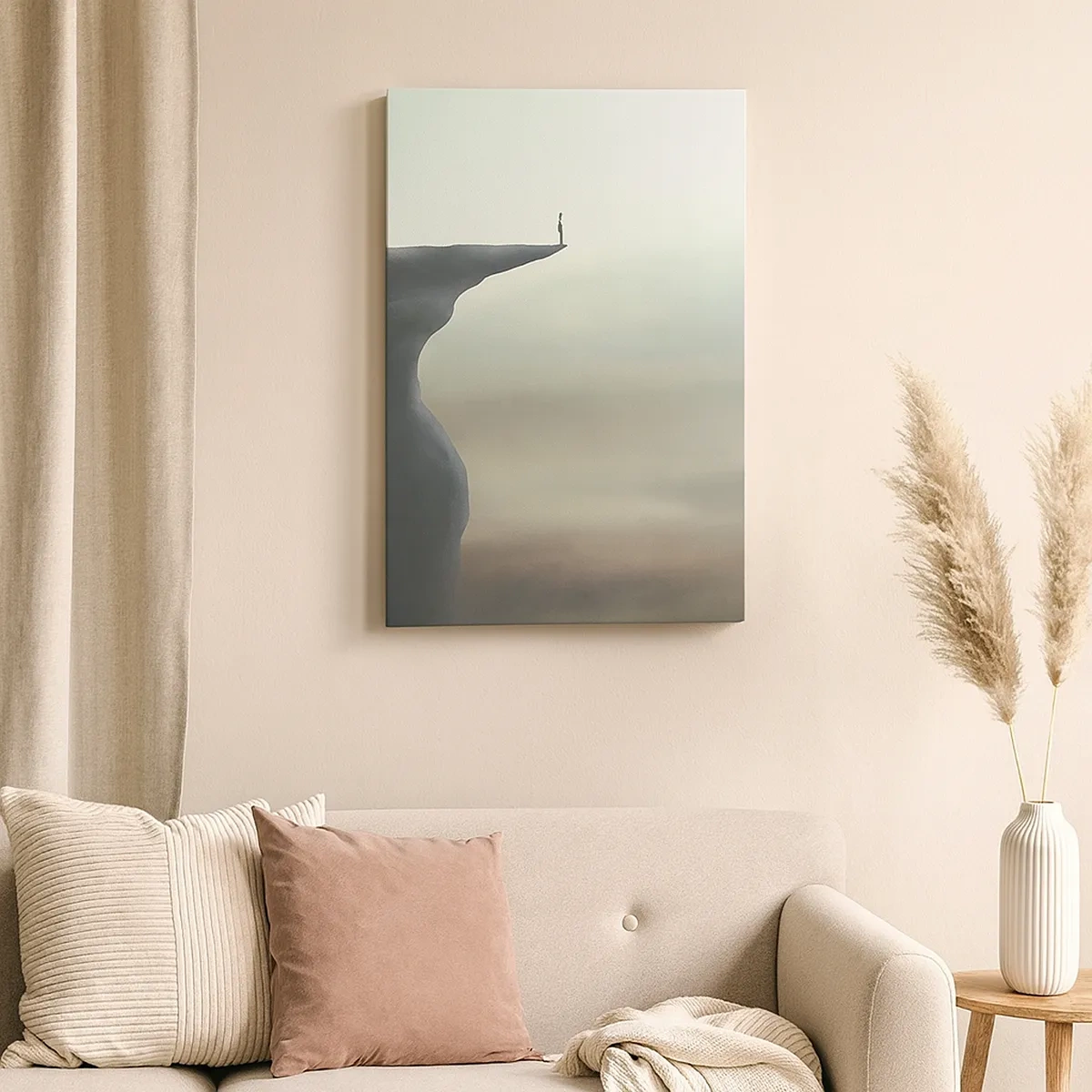 Impression sur toile - Image sur toile - Silhouette d'une figure au bord d'une falaise dans un paysage brumeux - 50x70cm - Tout en haut, bien entendu! - Décoration murale moderne pour le salon et la chambre ARTTOR