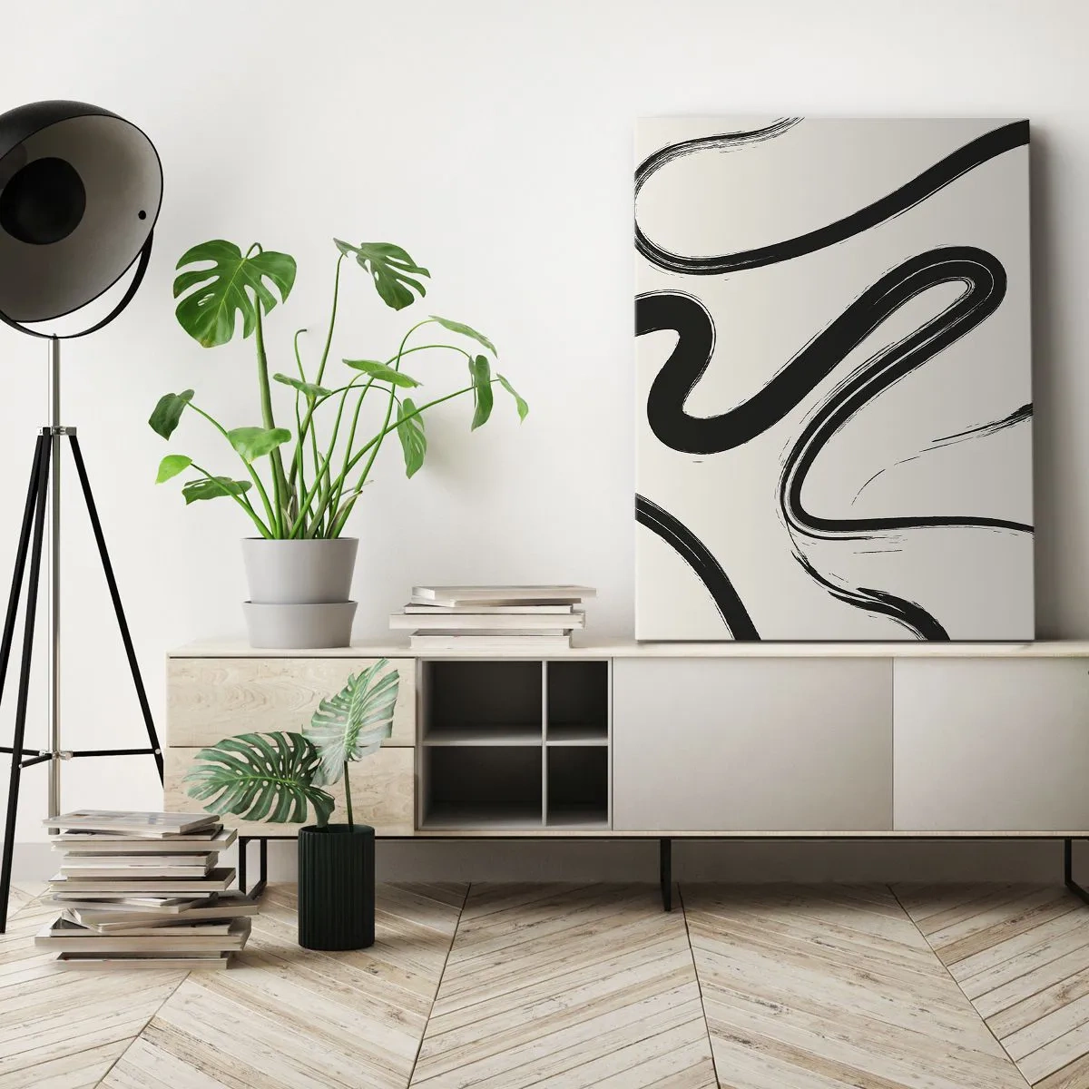Impression sur toile - Image sur toile - Lignes courbes noires et blanches sur fond clair - 80x120cm - Fantaisie en noir et blanc - Décoration murale moderne pour le salon et la chambre ARTTOR