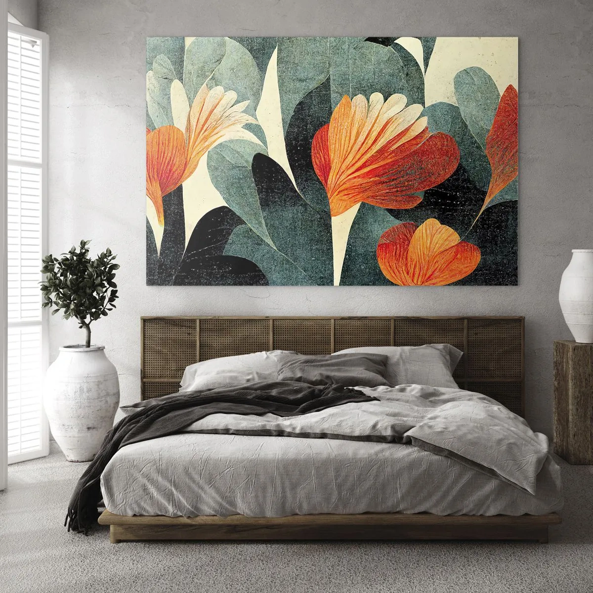 Impression sur verre - Image sur verre - Fleurs orange sur fond de feuilles vert foncé - 70x50cm - La chaleur des tropiques et la fraîcheur de la verdure - Décoration murale moderne pour le salon et la chambre ARTTOR