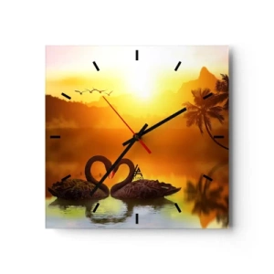 Horloge murale - Pendule murale - Deux cygnes noirs formant un cœur sur fond de coucher de soleil sur un lac - 30x30cm - Tout va ensemble - Décoration murale moderne pour le salon et la chambre ARTTOR