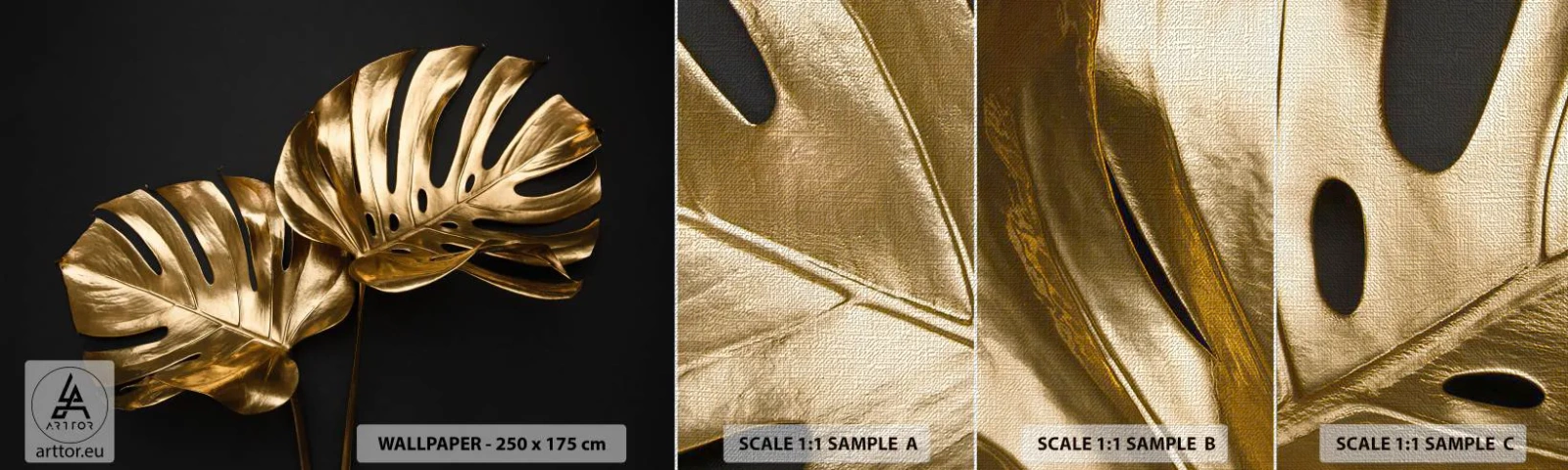 Échantillon de Papier Peint Premium Canvas - Les trésors de la nature - Abstraction, Feuilles d'or, Feuille de monstre - 100x30 cm