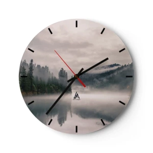 Horloge murale - Pendule murale - Forêt brumeuse sur un lac calme le matin - 30x30cm - Reflet dans le brouillard - Décoration murale moderne pour le salon, la cuisine et la chambre ARTTOR