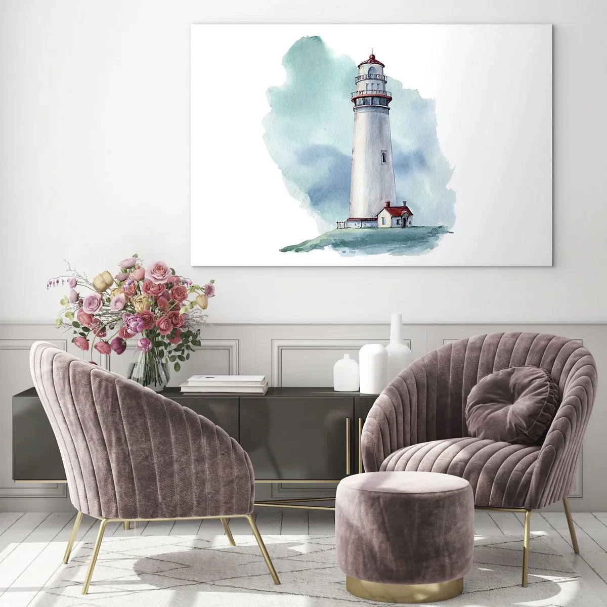 Impression sur verre - Image sur verre - Un phare contre un ciel bleu aquarelle - 100x70cm - La douce sœur du bleu - Décoration murale moderne pour le salon et la chambre ARTTOR