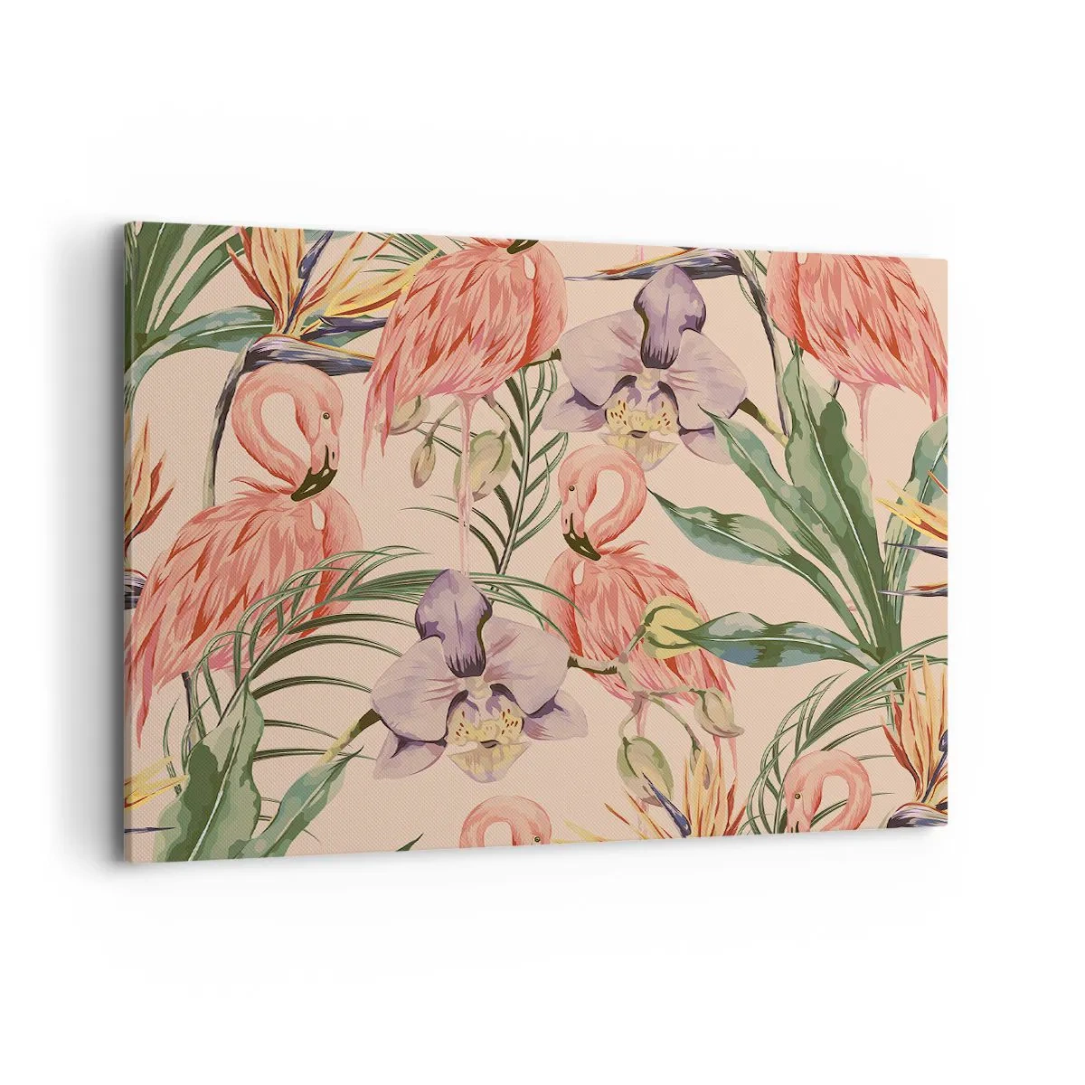 Impression sur toile - Image sur toile - Flamants roses et fleurs tropicales sur fond clair - 100x70cm - Ballet rose dans les fleurs - Décoration murale moderne pour le salon et la chambre ARTTOR