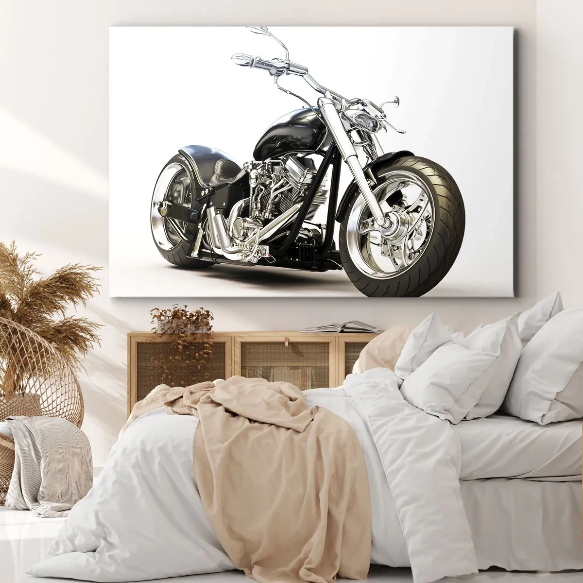 Impression sur toile - Image sur toile - Moto noire élégante sur fond blanc - 100x70cm - Force de caractère - Décoration murale moderne pour le salon et la chambre ARTTOR