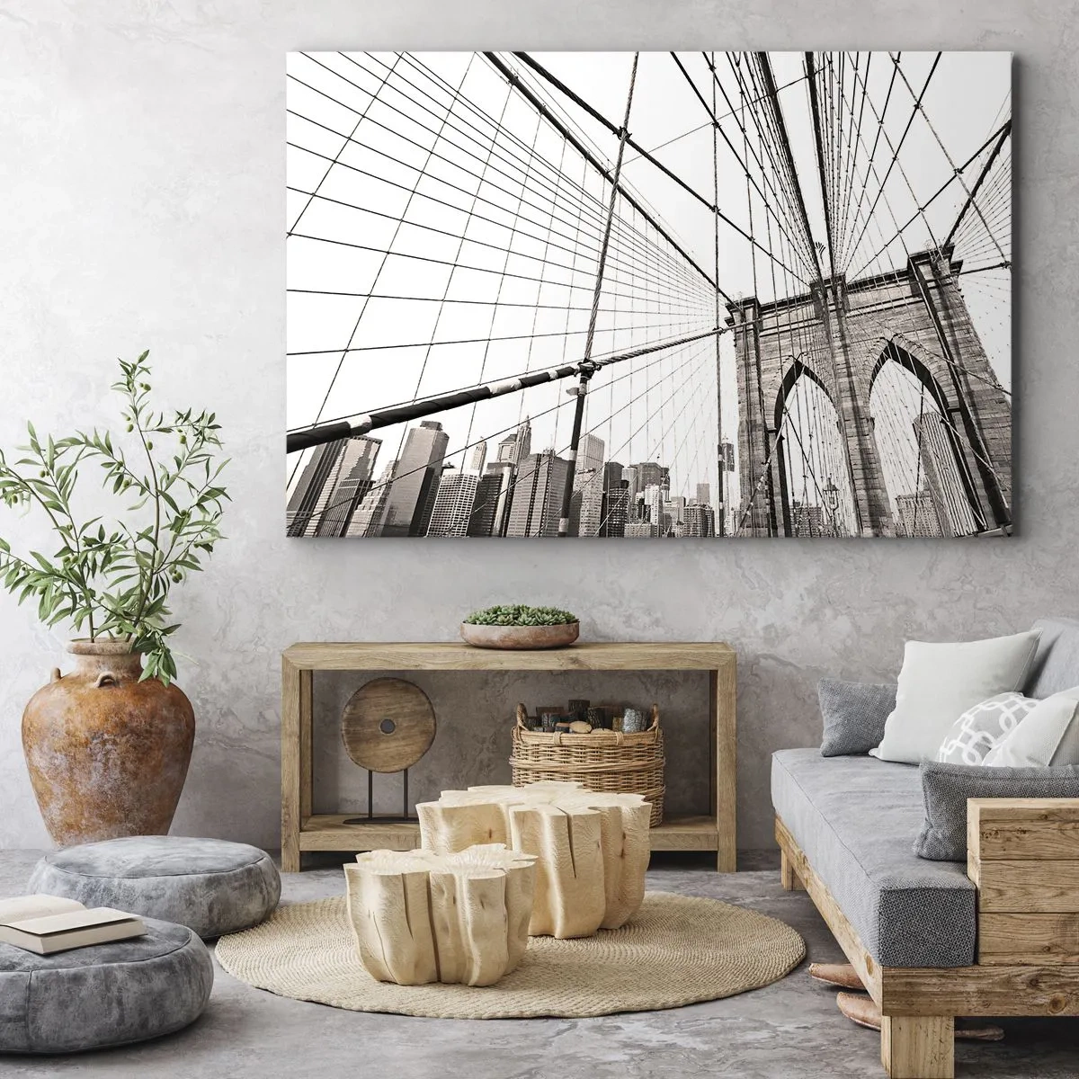 Impression sur toile - Image sur toile - Le pont de Brooklyn en monochrome - 70x50cm - Cathédrale New Yorkaise - Décoration murale moderne pour le salon et la chambre ARTTOR