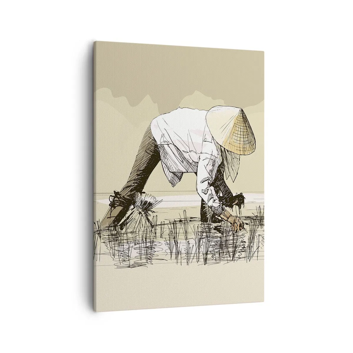 Impression sur toile - Image sur toile - Des agriculteurs travaillant dans une rizière portant des coiffures traditionnelles - 50x70cm - Récolte réussie - Décoration murale moderne pour le salon et la chambre ARTTOR