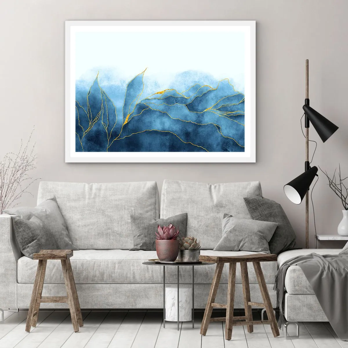 Affiche dans un cadre blanc - Poster - Bleu doré - 100x70 cm