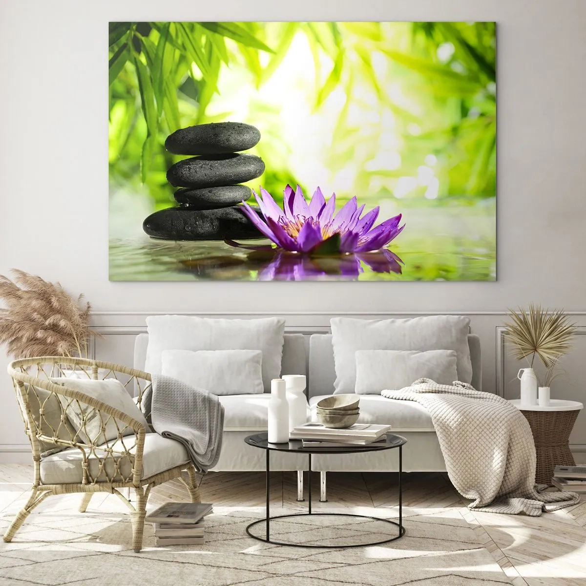 Impression sur verre - Image sur verre - Fleur de lotus violette avec des pierres zen sur fond vert - 70x50cm - Dans un buisson de bambou - Décoration murale moderne pour le salon et la chambre ARTTOR