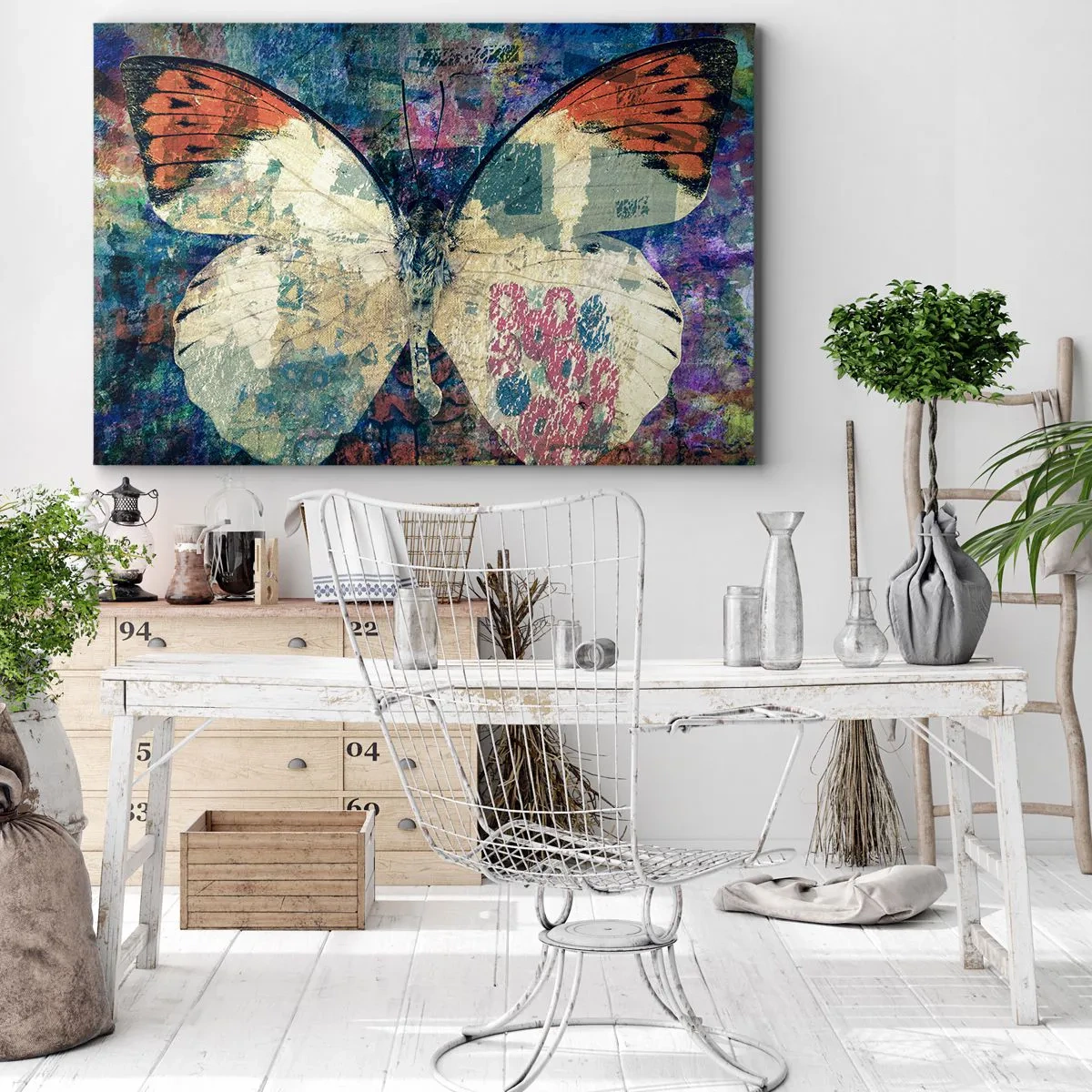 Impression sur toile - Image sur toile - Papillon sur un fond artistique abstrait avec des détails colorés - 70x50cm - Fragilité subtile - Décoration murale moderne pour le salon et la chambre ARTTOR