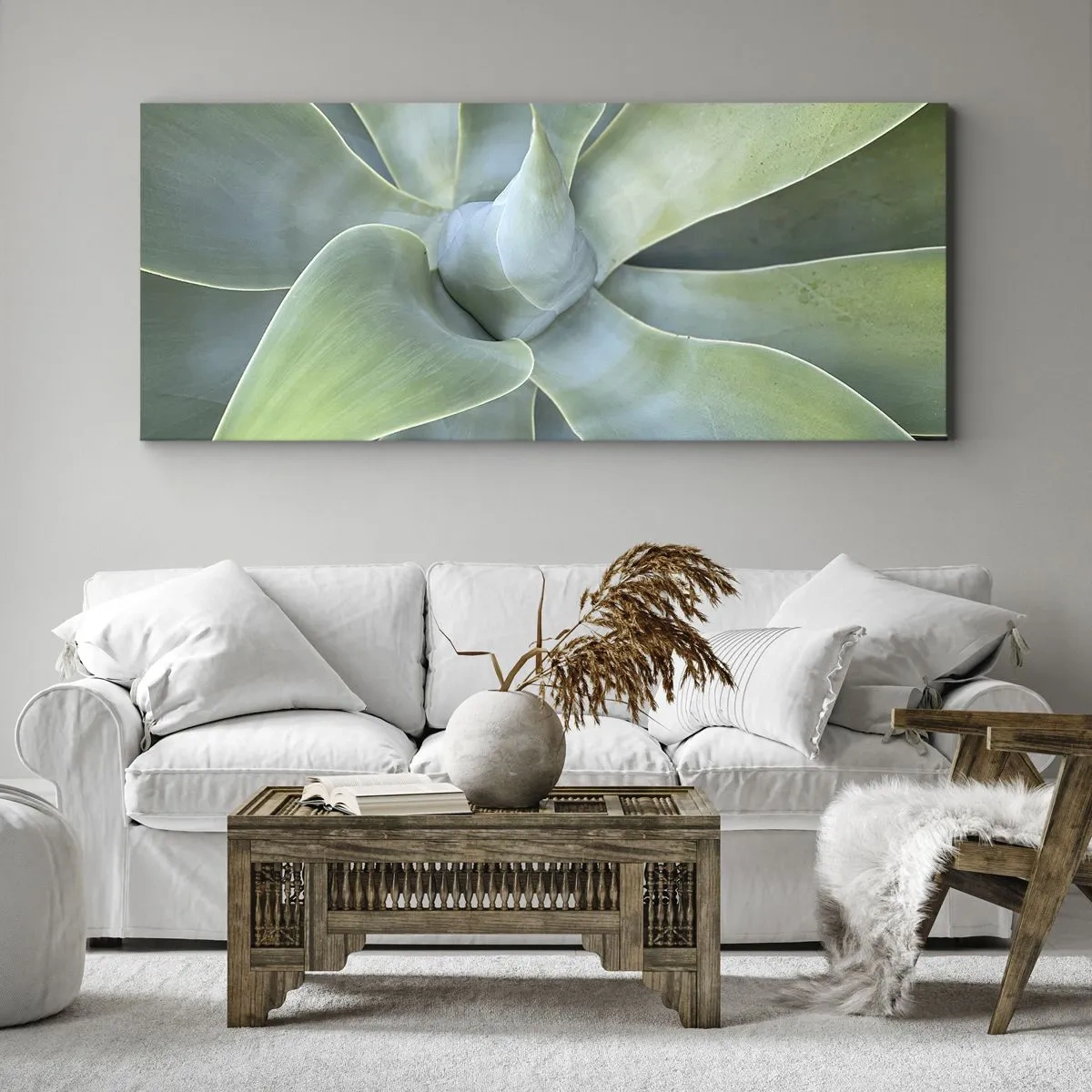 Impression sur toile - Image sur toile - Feuilles d'agave subtiles dans des tons verts - 120x50cm - La naissance de la verdure - Décoration murale moderne pour le salon et la chambre ARTTOR