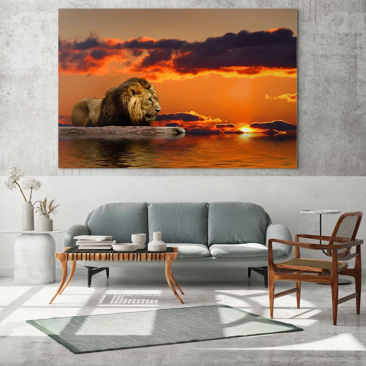 Impression sur verre - Image sur verre - Un lion sur fond de soleil couchant - 70x50cm - Le roi de la nature - Décoration murale moderne pour le salon et la chambre ARTTOR