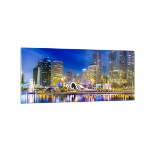Impression sur verre - Image sur verre - Panorama nocturne de la ville avec les lumières reflétées sur l'eau - 120x50cm - Nuit arc-en-ciel de la métropole - Décoration murale moderne pour le salon et la chambre ARTTOR